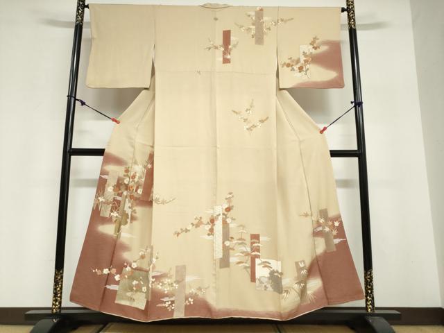 平和屋着物●訪問着　駒刺繍　短冊枝花文　暈し染め　金彩　正絹　逸品　DABG2794ud｜平和屋