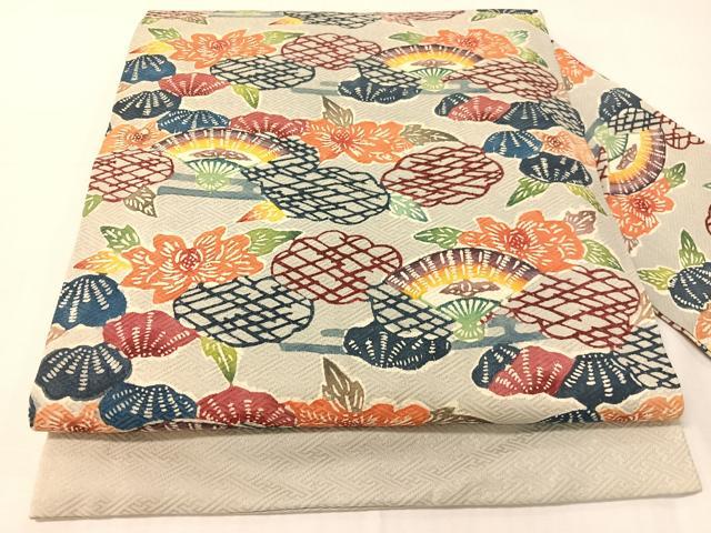 平和屋着物●九寸名古屋帯　型染め　雲取り扇面花文　正絹　逸品　CABH4626vp｜平和屋
