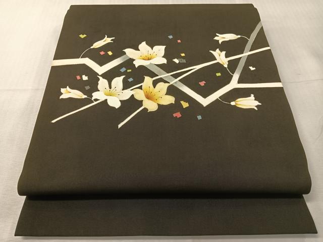 平和屋着物●塩瀬　九寸開き名古屋帯　手描き　枝花文　黒地　正絹　逸品　CABI4030vp｜平和屋
