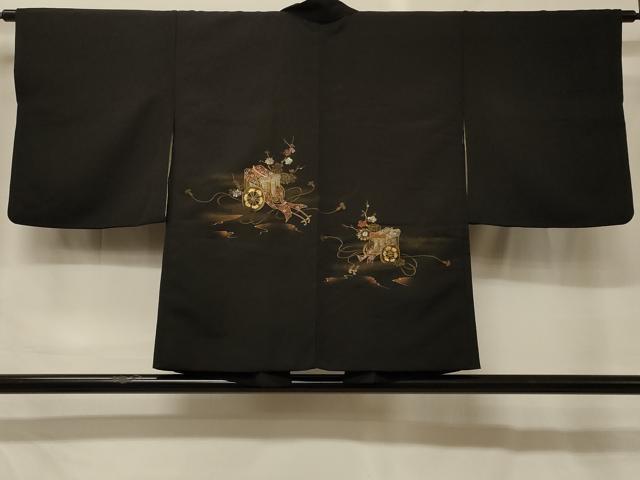平和屋着物＃羽織　寿光織　御所車花文　黒地　金糸　正絹　逸品　CABG8367in｜平和屋