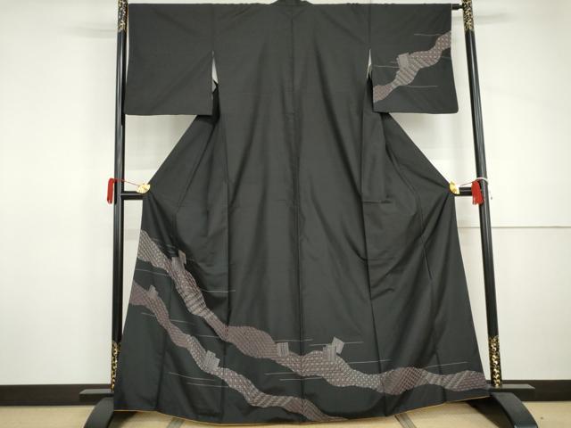 平和屋着物●本場大島紬　訪問着　刺子　刺繍　源氏香　黒地　正絹　逸品　AABJ0917cs｜平和屋