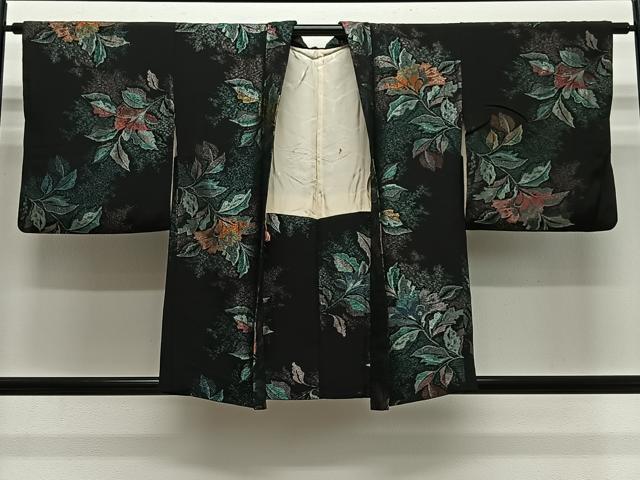 平和屋着物＃羽織　寿光織　草花文　黒地　金銀糸　正絹　逸品　CABH3303ua｜平和屋