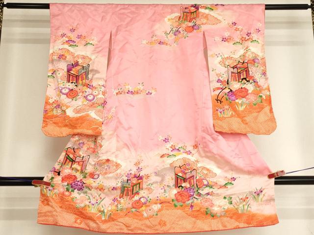 平和屋着物[]七五三　女の子　３歳　祝着　三つ身　御所車花文　暈し染め　金彩　AABI2909ja｜平和屋