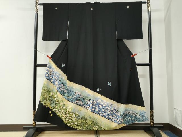 平和屋着物●豪華黒留袖 友禅 作家物 尾長鳥草花文 暈し染め 正絹 逸品 CABG0585yc|平和屋
