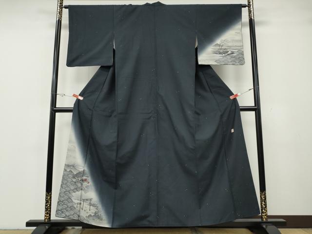 平和屋着物●訪問着 作家物 紬地 手描き 遠山鳥居人物文 正絹 逸品 CABH2469ut|平和屋