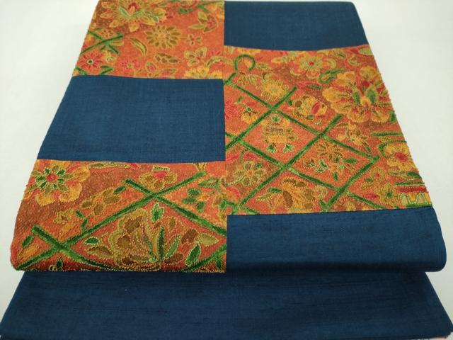 平和屋着物●中国三大刺繍　相良刺繍　総刺繍　太鼓柄袋帯　紬地　市松更紗花文　正絹　逸品　未使用　DABH9333ps｜平和屋