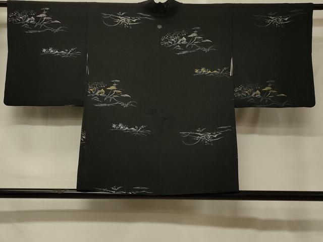 平和屋着物#羽織 寿光織 枝葉文 黒地 金銀糸 正絹 逸品 CABG8392in|平和屋