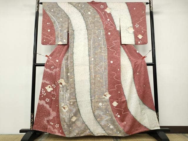 平和屋着物●訪問着　杢目絞り　刺繍　松皮菱枝椿文　金彩　正絹　逸品　CABI9688ut｜平和屋