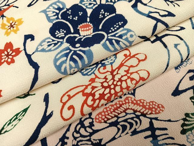 平和屋着物●上質な小紋　型染め　花鳥文字文　鬼しぼ縮緬　正絹　逸品　AABJ3017ph｜平和屋