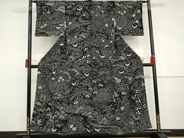 平和屋着物●訪問着　総絞り　松竹梅風景文　黒地　正絹　逸品　AABJ3231cs｜平和屋