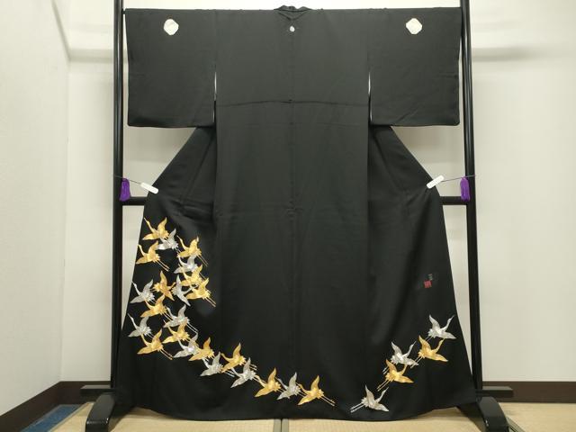 平和屋着物●国際的伝統工芸作家　十二代・藤林徳扇　苑寿　黒留袖　駒刺繍　群鶴文　正絹　逸品　未使用　CABG4634gh｜平和屋