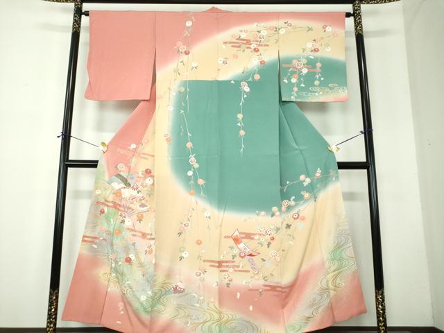 平和屋着物●訪問着　枝垂れ花　扇面宝尽くし　暈し染め　金銀彩　正絹　逸品　DABF7764ps｜平和屋