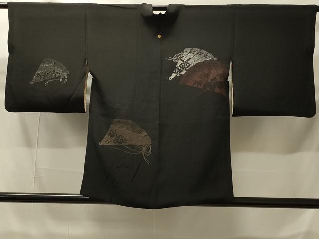平和屋着物#羽織 寿光織 扇面花文 黒地 銀糸 正絹 逸品 CABH6901in|平和屋
