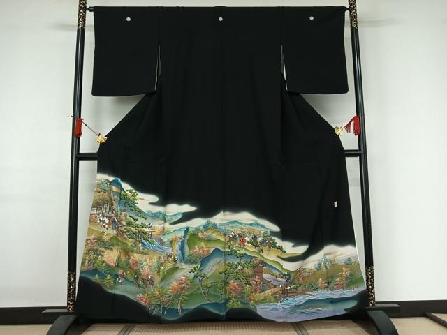 平和屋着物▽豪華黒留袖 単衣 作家物 手描き 人物風景文 暈し染め 金彩 正絹 逸品 AABJ1797jh|平和屋