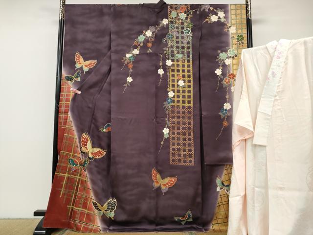 平和屋着物●世界的ファッションデザイナー 山本寛斎 kansaiブランド 振袖・長襦袢セット 駒刺繍 格子舞蝶文 金彩 半衿刺繍 逸品CABH2754ut|平和屋
