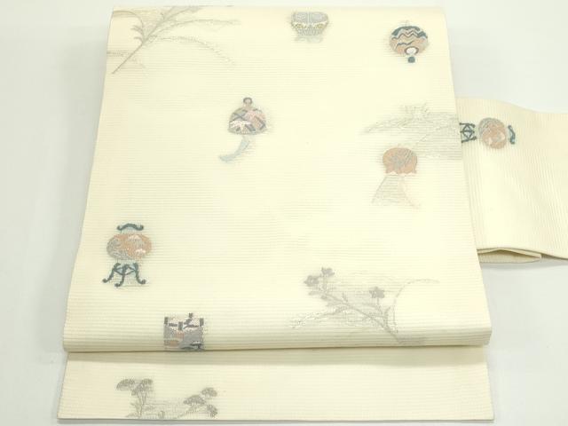 平和屋着物＊夏物　九寸名古屋帯　風鈴　仕覆　草花文　銀糸　正絹　逸品　CABJ8841rv｜平和屋