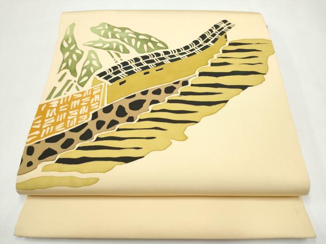 平和屋着物●塩瀬　九寸開き名古屋帯　風景文　金彩　正絹　逸品　CABJ8514hy｜平和屋