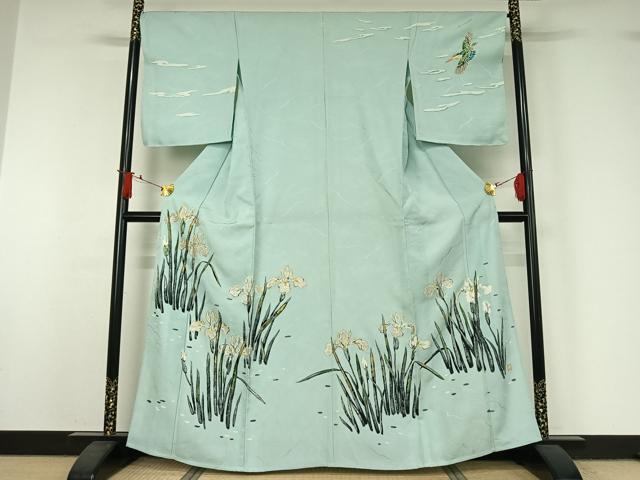 平和屋着物▽訪問着 単衣 作家物 刺繍 花鳥文 カワセミ 金銀糸 正絹 逸品 AABJ1534jh|平和屋