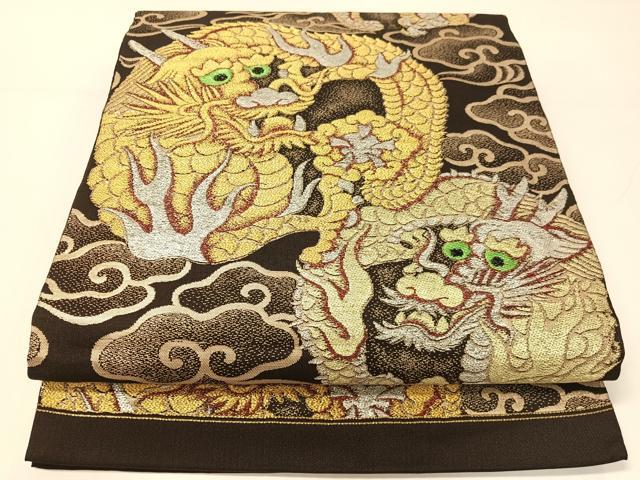 平和屋着物●アンティーク　大正ロマン　九寸開き名古屋帯　雲龍　黒地　金銀糸　正絹　逸品　CABG1937vp｜平和屋