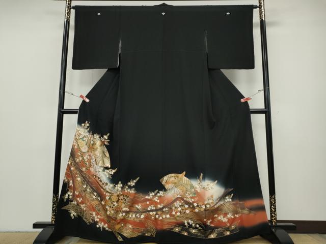 平和屋着物●豪華黒留袖 扇面鳳凰熨斗花文 暈し染め 金銀彩 正絹 逸品 CABH9649ut|平和屋