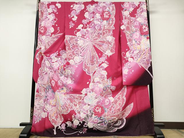 平和屋着物●豪華振袖　花蝶文　ラインストーン　暈し染め　銀通し地　正絹　逸品　CABH9741ut｜平和屋