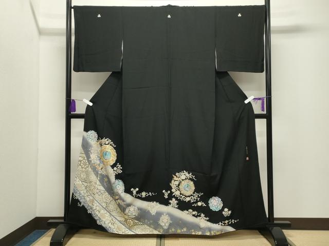 平和屋着物●豪華黒留袖 駒刺繍 宝鏡花鳥更紗 暈し染め 金銀彩 正絹 逸品 CABI0413gh|平和屋