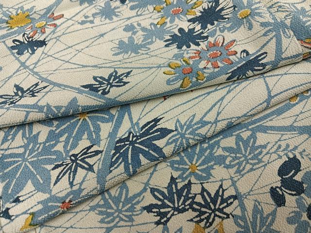 平和屋着物●上質な小紋　藍　型染め　草花文　鬼しぼ縮緬　正絹　逸品　AABJ3905ph｜平和屋