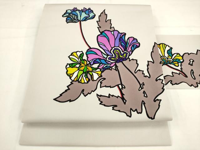 平和屋着物●塩瀬　九寸名古屋帯　草花文　正絹　逸品　AABK6827pf｜平和屋