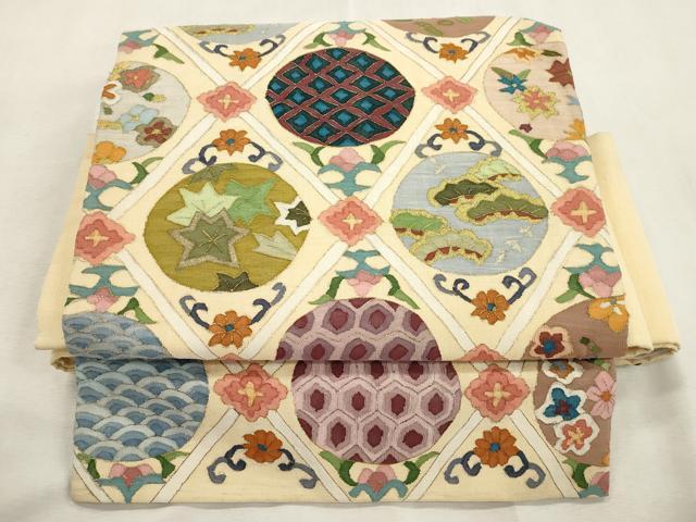 平和屋着物●明綴れ　ワンタッチつけ帯　菱草花丸文　金糸　正絹　逸品　CABI7483dy｜平和屋