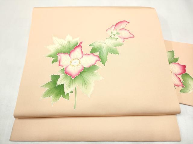 平和屋着物●塩瀬　九寸名古屋帯　手描き　枝花文　正絹　逸品　CABJ8635hy｜平和屋