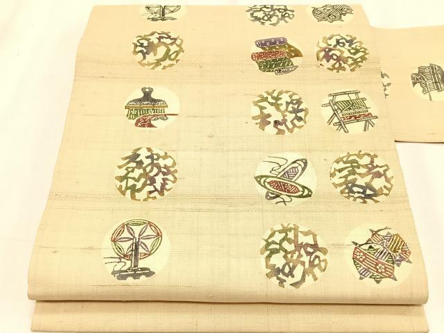 平和屋着物＊夏物　九寸名古屋帯　紬地　型染め　抽象丸様　正絹　逸品　CABK1236fb｜平和屋