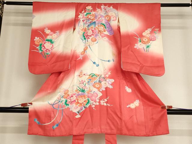 平和屋着物[]七五三　女の子　３歳　祝着　一つ身　檜扇御所車花文　暈し染め　正絹　逸品　AABG3180ja｜平和屋
