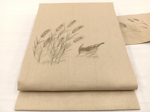 平和屋着物*夏物 九寸名古屋帯 作家物 手描き 稲穂に雀 金通し地 正絹 逸品 BAAX7499hv|平和屋