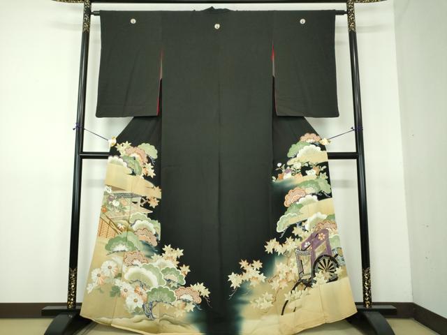 平和屋着物●アンティーク　大正ロマン　黒留袖　駒刺繍　吉祥風景花文　暈し染め　金彩　正絹　逸品　DABG8263ps｜平和屋