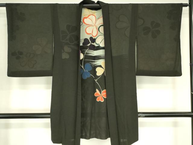 平和屋着物▽長羽織　無双　絽袷　絽&times;絽　スリーシーズン　春夏秋　塵除け　カタバミ　黒地　正絹　逸品　DABG0664az｜平和屋