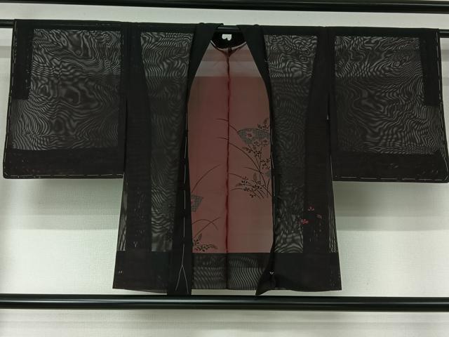 平和屋着物▽羽織　スリーシーズン　春夏秋　塵除け　総刺繍　地紙花文　黒地　正絹　逸品　AABJ6104jh｜平和屋
