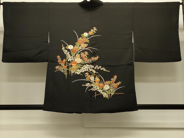 平和屋着物#羽織 駒刺繍 草花文 黒地 金彩 正絹 逸品 CABH6854in|平和屋