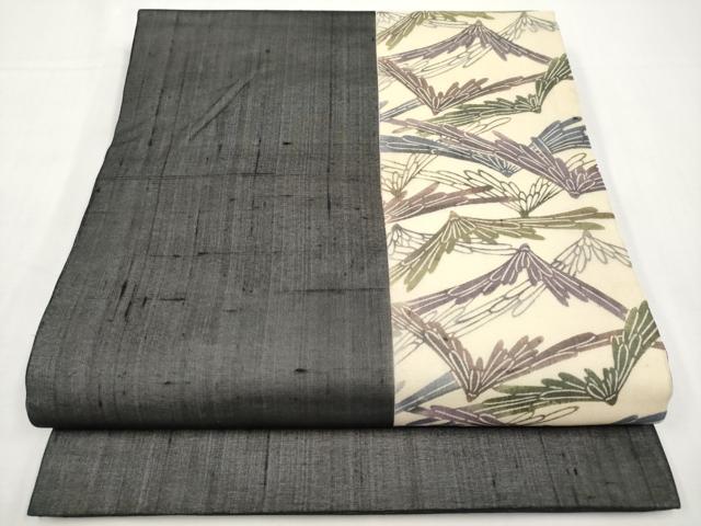 平和屋着物*夏物 松煙染の第一人者 川島草苑 九寸開き名古屋帯 型染め 紬地 裏菊 黒地 正絹 逸品 CABK1615tx|平和屋