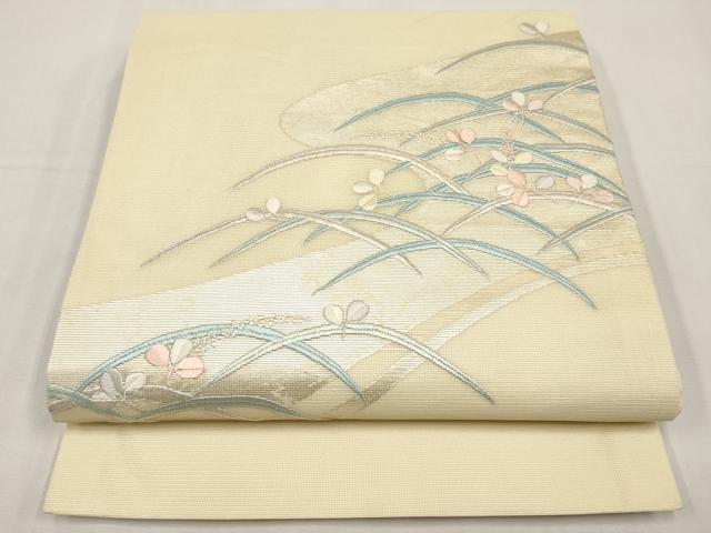 平和屋着物＊夏物　九寸開き名古屋帯　総刺繍　芝草舞葉文　正絹　逸品　CABK1619tx｜平和屋