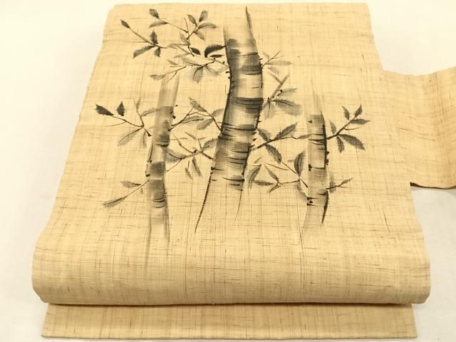 平和屋着物＊夏物　九寸名古屋帯　手描き　枝葉竹文　麻　逸品　CABJ4765fb｜平和屋