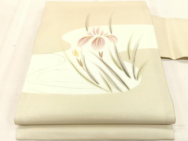 平和屋着物＊夏物　九寸名古屋帯　手描き　流水杜若　金彩　正絹　逸品　CABK1251fb｜平和屋