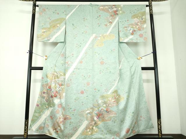 平和屋着物●訪問着 刺繍 扇面飛鶴花文 たたき染め 金彩 正絹 逸品 DABF7755ps|平和屋