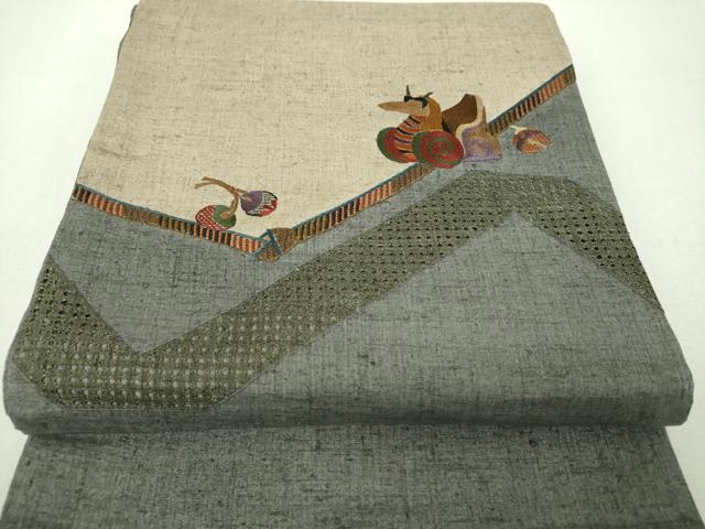 平和屋着物●中国三大刺繍　スワトウ刺繍　汕頭刺繍　総刺繍　太鼓柄袋帯　紬地　玩具文様　正絹　逸品　DABH9673ps｜平和屋