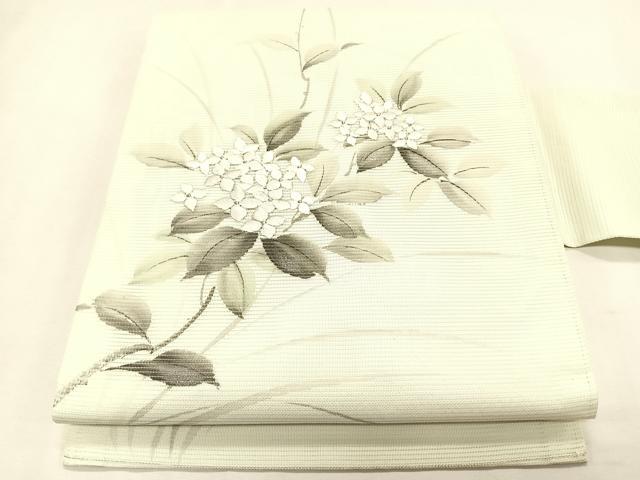 平和屋着物＊夏物　九寸名古屋帯　作家物　手描き　刺繍　紫陽花　銀彩　正絹　逸品　CABK1456fb｜平和屋