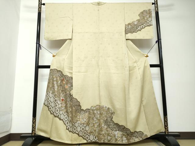 平和屋着物●訪問着　駒刺繍　絞り　扇面草花文　金銀彩　正絹　逸品　DABI2177ud｜平和屋