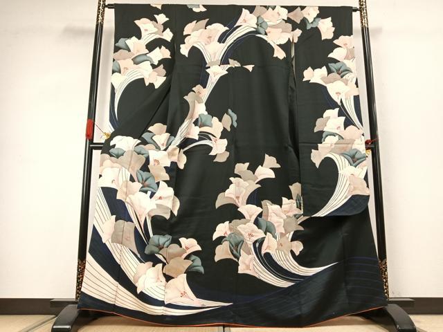 平和屋着物●豪華振袖　草花文　黒地　正絹　逸品　AABJ4135fy｜平和屋