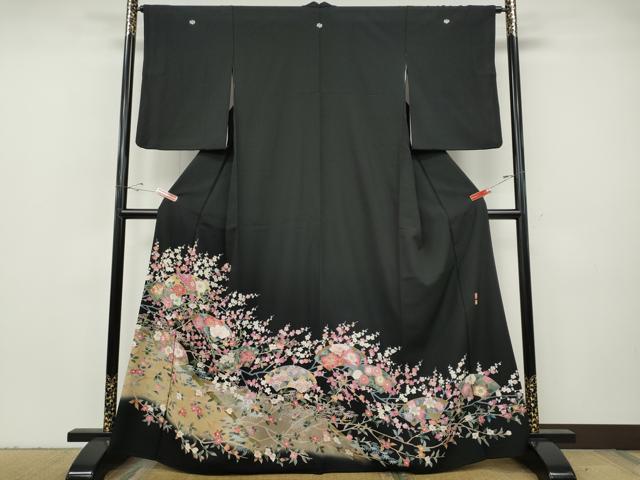 平和屋着物●豪華黒留袖　友禅　作家物　地紙枝花文　正絹　逸品　CABH2737ut｜平和屋