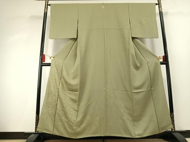 平和屋着物●訪問着　総刺繍　扇面花文　柳茶色　金糸　正絹　逸品　AABK7676fy｜平和屋