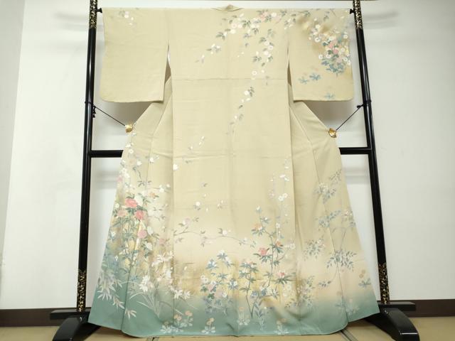 平和屋着物●十日町友禅作家　松雨　訪問着　草花文　暈し染め　金銀彩　正絹　逸品　DABI2393ud｜平和屋