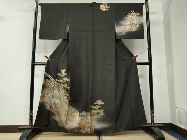 平和屋着物●訪問着　浜松草花文　暈し染め　黒地　金彩　正絹　逸品　CABI3253yc｜平和屋